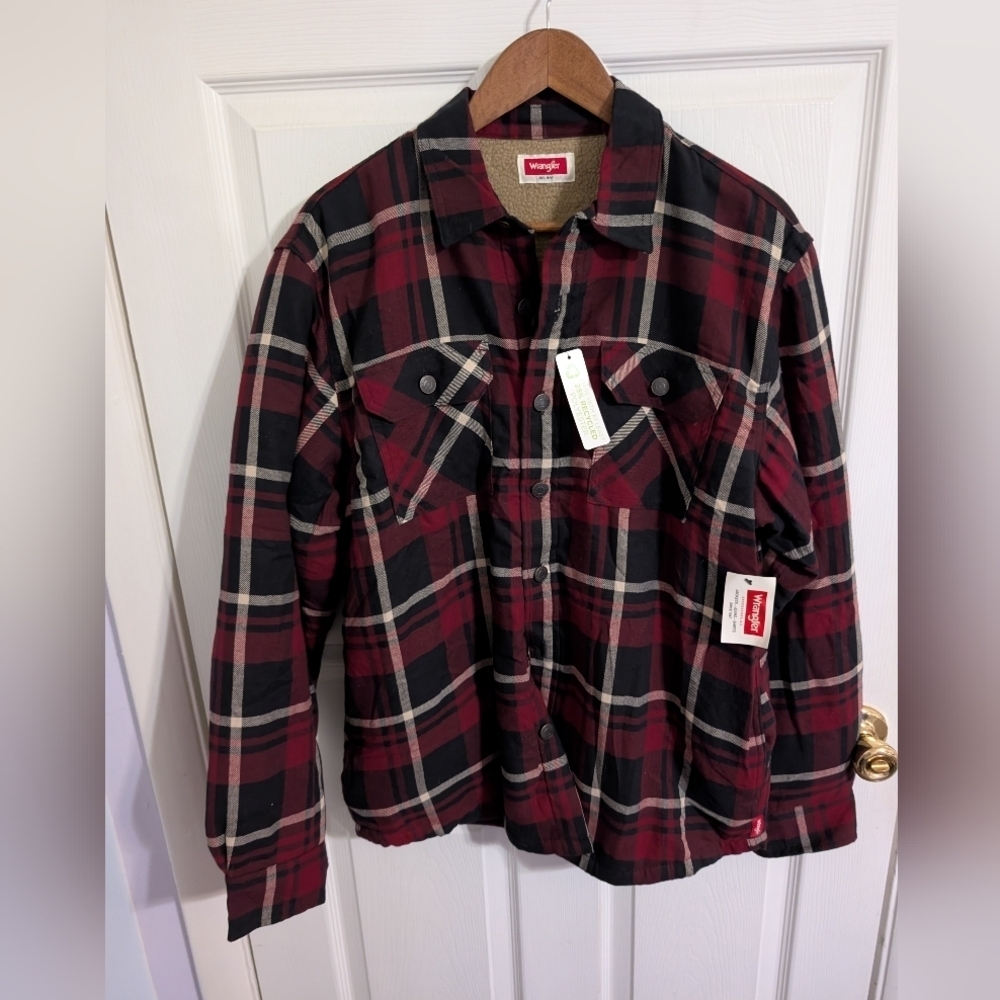 New Wrangler Big Men's Heavyweight Shacket Jacket Men's Sherpa Lining Red Medium